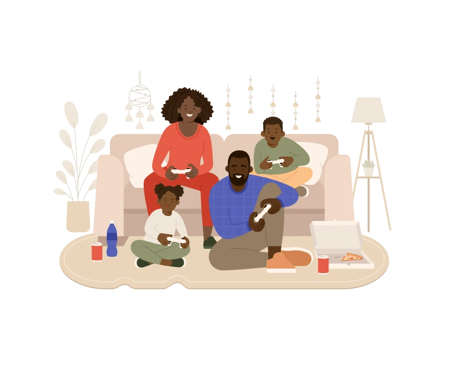 a family playing video games together on the couch