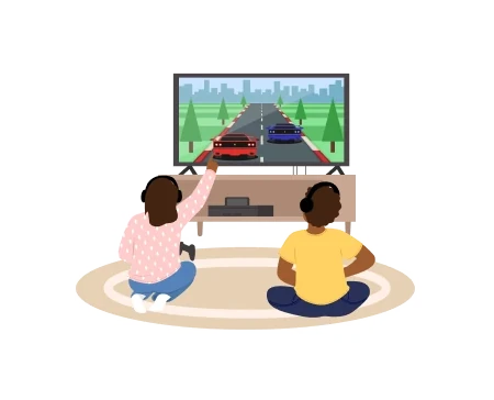 small kids playing video games on the tv screen
