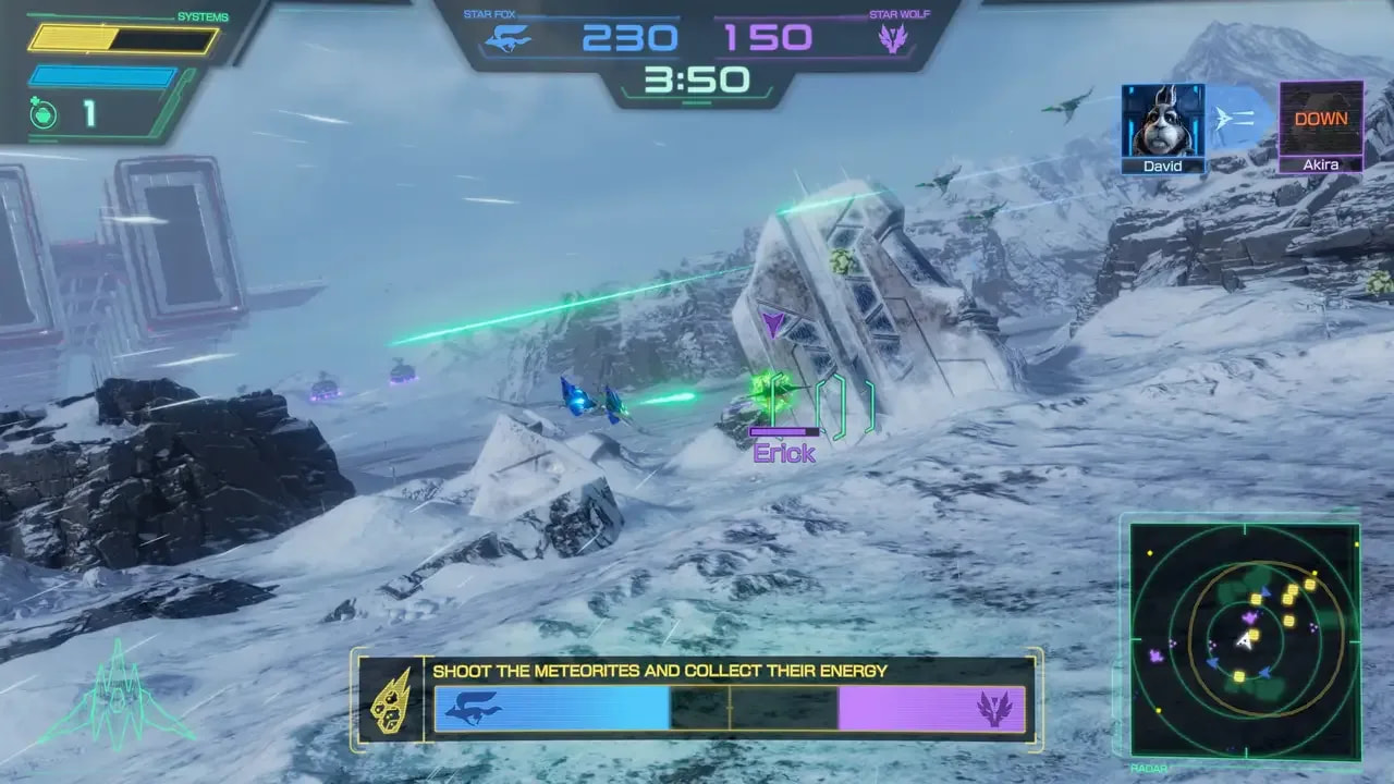 A multiplayer battle in Star Fox. The player, piloting an Arwing on an icy planet, is targeting an enemy named "Eric."