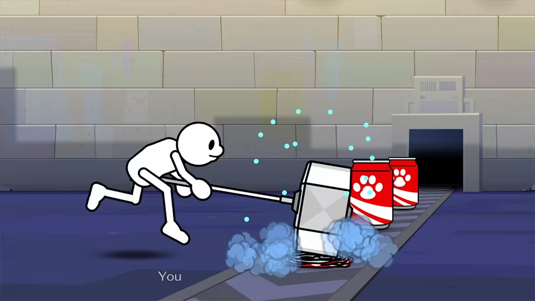 A minigame in A Parent's Guide to Rhythm Heaven Groove. The player controls a stick figure-like person with a large mallet. On the beat, the player will smash red cans with white paw prints on them.