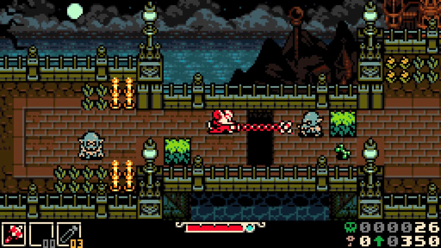 Mina the mouse is presented in a retro, 8-bit art. She is on gothic-style bridge. A chain whip extends over a hole in the ground toward an off-green zombie enemy. 